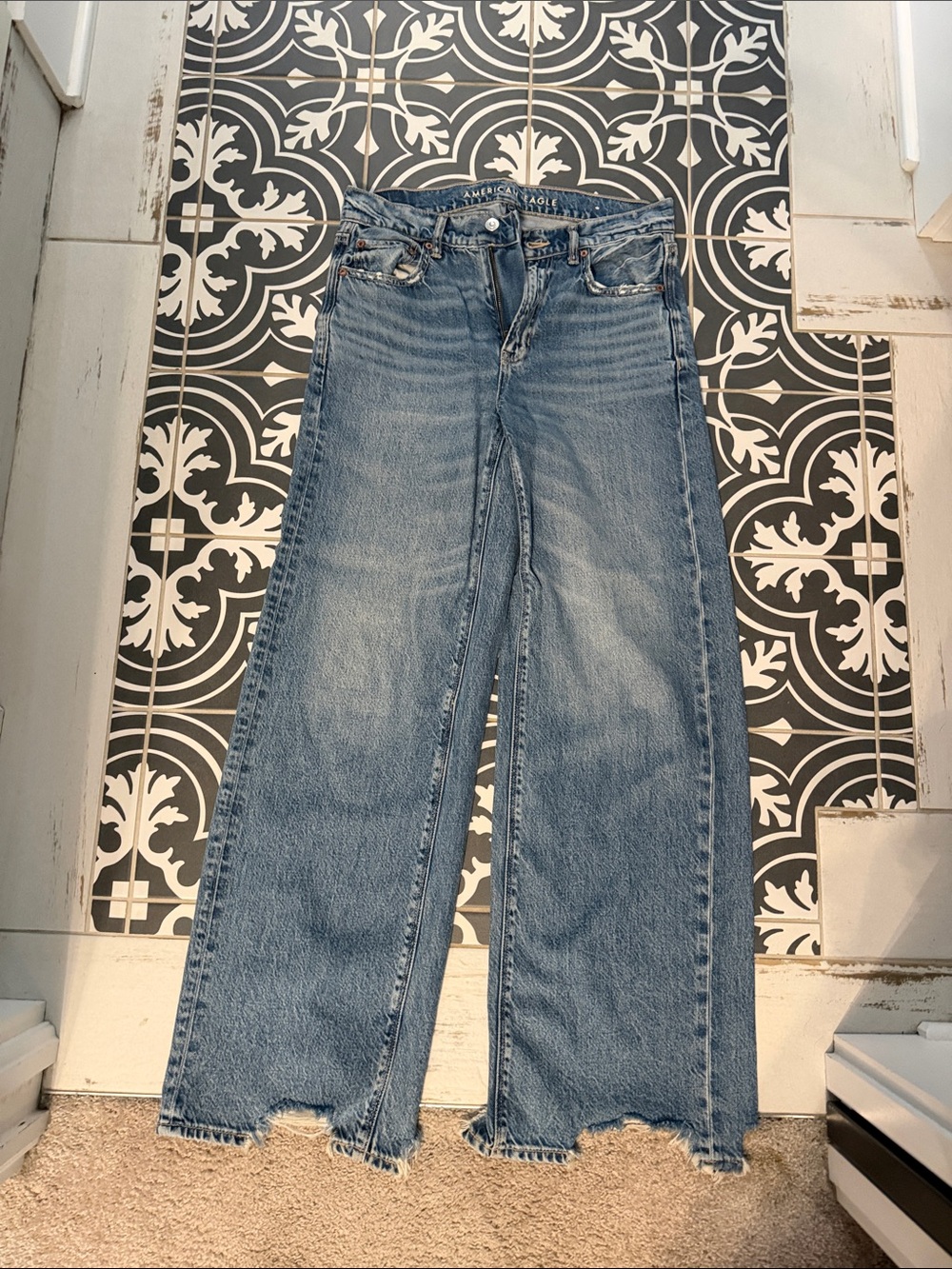 American Eagle Outfitters Light Blue Wide Leg Raw Hem Jeans